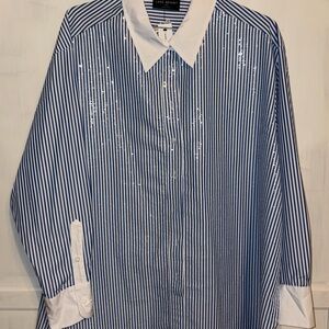 Lane Bryant Blue Striped Blouse with White Collar
